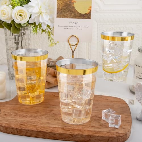 I00000 200 Pack 12 oz Gold Plastic Cups, Premium Gold Rimmed Plastic Cups | Heavy Duty, BPA-Free, Bulk Catering, Everyday Use, Wine Glasses, Cocktail Glasses, Gold Cups Perfect for Party & Wedding - color: 12-Gold-200