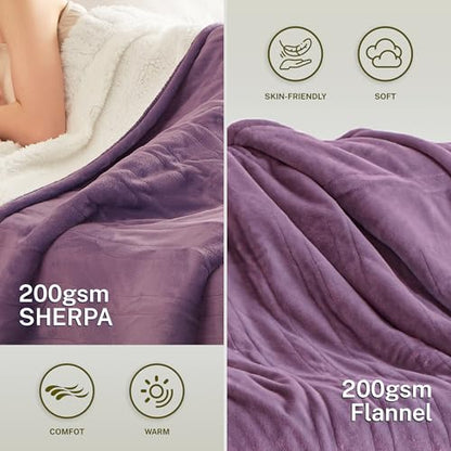 Heat Blanket 50”x60” Throw,Soft Flannel & Sherpa Reversible Electric Blanket with 10 Heat Settings,12 Timer Setting and 8 Hours Auto-Shut Off,ETL Certified Machine Washable,Purple - color: Purple, size: 50*60in