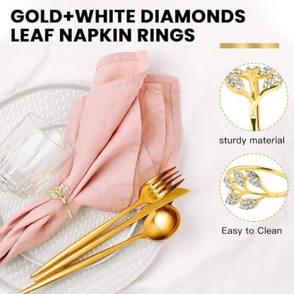 6Pcs Gold Alloy Leaf Napkin Rings, Decorative Napkin Ring Holders | Shiny White Rhinestone Gold Napkin Rings, Decor for Weddings, Daily Dining Tables & Curtain Styling