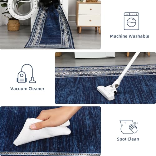 8x10 Area Rugs for Living Room, Machine Washable Area Rug for Bedroom, Modern Solid Rug with Non Slip Backing, Stain Resistant Non Shedding Bordered Carpet for Dining Room, Kids Room, Blue | Modern Solid Non Slip Backing Neutral Border Stain Resistant Non