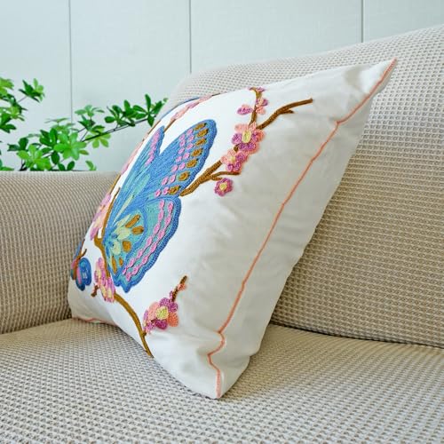 vctops Floral Butterfly Embroidered Pillow Covers 18x18 Inch Spring Summer Cotton Tufted Throw Pillow Cover Outdoor Garden Cushion Case for Sofa, Bed, Living Room (Butterfly,18"x18") - color: Butterfly