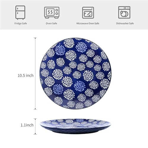 Selamica Ceramic Dinner Plates set of 4, 10.5 Inch Ceramic Plates for Kitchen, Large Serving Plates for Pasta Salad Steak, Microwave Dishwasher Safe, Blue - size: 10.5 Inch