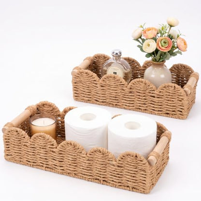 2 Pcs Toilet Paper Storage Basket with Wood Handles, Bathroom, 2Pcs | Scalloped Edge Paper Rattan Bathroom Basket, Over-The-Toilet Storage Organizer for Shelf, Countertop, Modern Farmhouse Decor