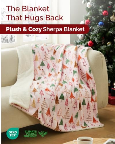 Christmas Sherpa Blanket Throw Size, Reversible Blanket - Pink Trees, 50x60 | Super Soft Double Sided Throw for Bed, Sofa, Couch, Reversible Sherpa Fleece Blanket, Thick, Warm, Plush, Xmas Winter Bedding - color: 02- Pink Trees