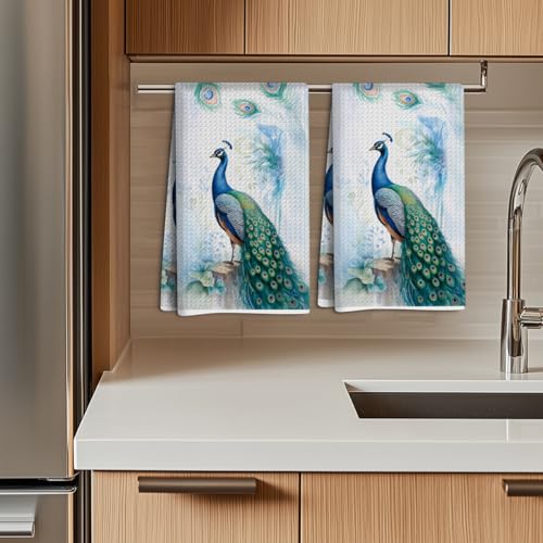 2 Pcs Super Soft Modern Blue Peacock Kitchen Towels, Exotic Animal Farmhouse Beautiful Bird Feather Bath Towels, Gift for Women Friend Coworker Sister Christmas Birthday Housewarming Gifts - color: Multicolor 360