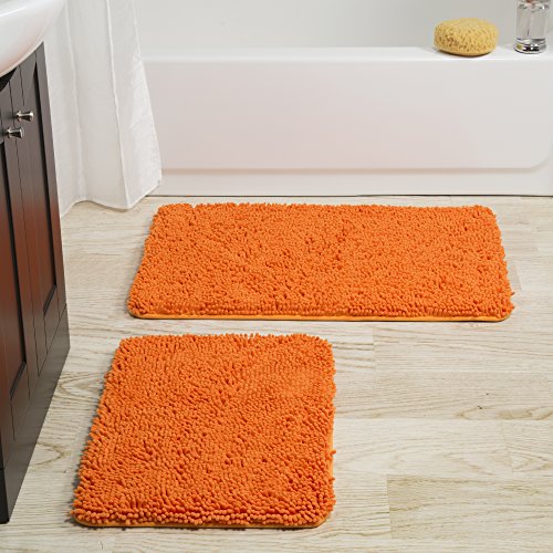 2 Piece Bathroom Rug Set - 32x21 Inch and 24x17 Inch Memory Foam Bath Mats with Chenille Shag Top for Stylish Bathroom Decor - Machine Washable Bath Rugs Set of 2 by Lavish Home (Orange)