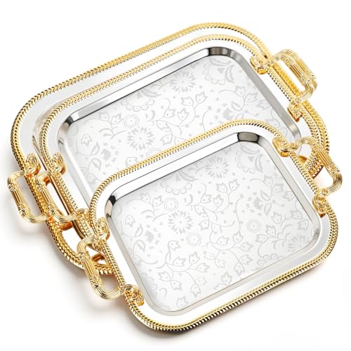 3 Pack Metal Serving Trays with Handles, Decorative Floral Platter Trays for Coffee Tea, Food, Dessert, Jewelry, for Buffet Wedding Party Kitchen Home Decor(Floral,Silver, Gold) - color: Silver, Gold, style: Floral