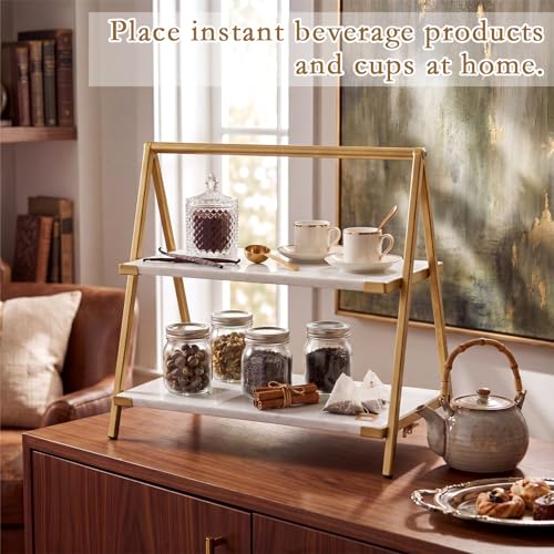 2-Tier White Marble Cake Stand with Gold Metal Frame Versatile 2-Tier Serving Tray for Desserts Cupcake Food for Briday Wedding Home Party Gatherings Decoration