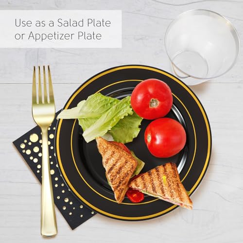 Black and Gold Dessert Plates Set, 100 Plates, Cups, Forks and Napkins | Sturdy plastic, cake service, appetizer tables, salad course, weddings, graduations, easy cleanup - color: Black, style: Plates,Forks,Napkins and Cups