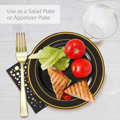 Black and Gold Dessert Plates Set, 100 Plates, Cups, Forks and Napkins | Sturdy plastic, cake service, appetizer tables, salad course, weddings, graduations, easy cleanup - color: Black, style: Plates,Forks,Napkins and Cups