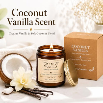 Coconut Vanilla Scented Candles for Home, 9oz Long Burning Soy Candles for Women, Wood Wick Natural Non Toxic Candle Jar, Aromatherapy Candle Gift for Home Bedroom Bathroom Office - color: 1 Pack Coconut Vanilla Candle with Wood Wick