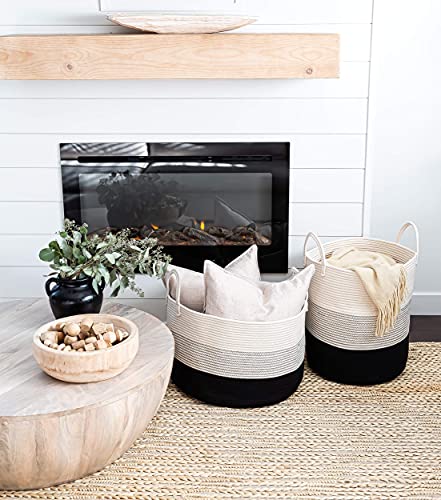 OrganiHaus Round Toy Basket & Blanket Basket, Cotton Rope 20x13" | 3-Toned Black - Round Cotton Rope Basket, 20x13" - color: 3-toned Black, size: Wide
