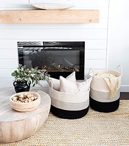 OrganiHaus Round Toy Basket & Blanket Basket, Cotton Rope 20x13" | 3-Toned Black - Round Cotton Rope Basket, 20x13" - color: 3-toned Black, size: Wide