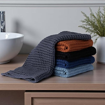 DEMMEX Organic Cotton Waffle Weave Turkish Towel Set for Bathroom, 1 Bath & 2 Large Hand Towels, 100% Oeko-TEX Certified Premium Turkish Cotton, Super Soft Lightweight Quick Dry (Slate Blue)