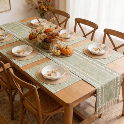 Boho Table Runner and Placemats Set of 6, Modern Farmhouse Dining Table Setting Decor with 1pcs Runner, 12pcs Mats, 6pcs Napkins, 6pcs Wood Bead Rings for Kitchen Party