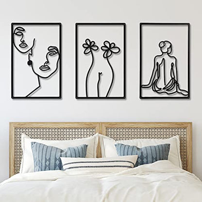 CHENGU 3 Pieces Metal Minimalist Abstract Woman Wall Art Line Drawing Wall Art Decor Single Line Female Home Hanging for Kitchen Bathroom Living Room - style: Back Style