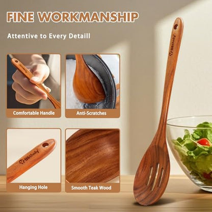 Large Wooden Cooking Spoon Set, 2Pack Natural Teak Wood Spoons for Cooking, Non-Stick Slotted and Corner Serving Spoon with Long Handle, Heat-Resistant Wooden Spatula Spoons for Kitchen Needs