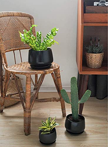 LE TAUCI Plant Pots, 4.1+5.1+6.5 inch, Set of 3, Ceramic Planters with Drainage Hole and Saucer, Indoor Flower Pot with Hole Mesh Pad, Gifts for Mom, Black - color: Black