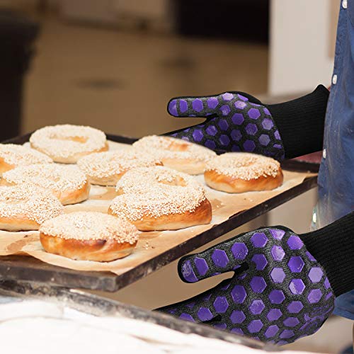 J H Heat Resistant Oven Glove:EN407 Certified 932 °F, 2 Layers Silicone Coating, Oven Mitts for Cooking, Kitchen, Fireplace,Camping, Grilling (Black/Purple, Regular Cuff) - color: Black/Purple, size: Regular Cuff