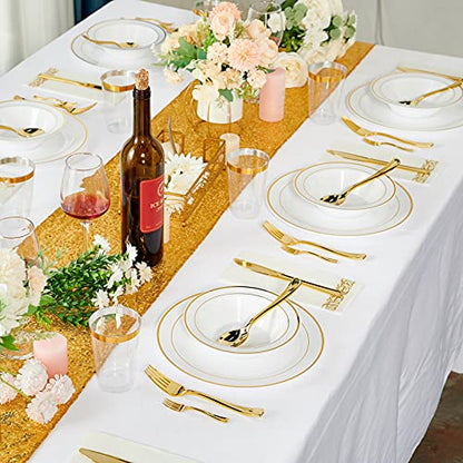 50PCS Plastic Bowls with Gold Rim 12oz Disposable Soup Bowls | Plastic Bowls for Christmas Thanksgiving Premium Dessert Salad Bowl for Wedding/Party - color: Gold, style: 50Count