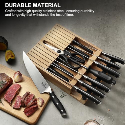 Knife Set with Block, N NOBLE FAMILY 16Pcs Kitchen Knives Drawer Organizer Set with Sharpener, Cutting Board, Anti-Slip Chef Knives Set with 6Pcs Steak Knives, Black - color: Black