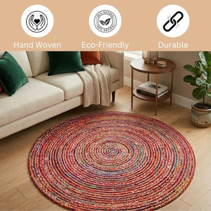 WeWove Hand Woven Area Rug 4 Feet Round - Jute Cotton Area Rug Rustic Farmhouse Boho Accent Rug for Living Room Bedroom Kitchen Dorm Entryway Hallway - Handcrafted Floor Rug - size: 4' (Round)