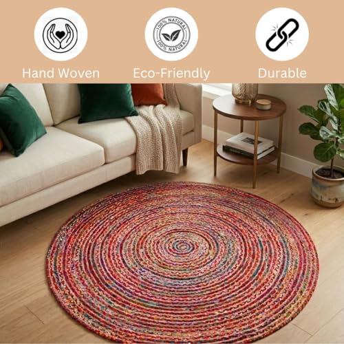 WeWove Hand Woven Area Rug 6 Feet Round - Jute Cotton Area Rug Rustic Farmhouse Boho Accent Rug for Living Room Bedroom Kitchen Dorm Entryway Hallway - Handcrafted Floor Rug - size: 6' (Round)