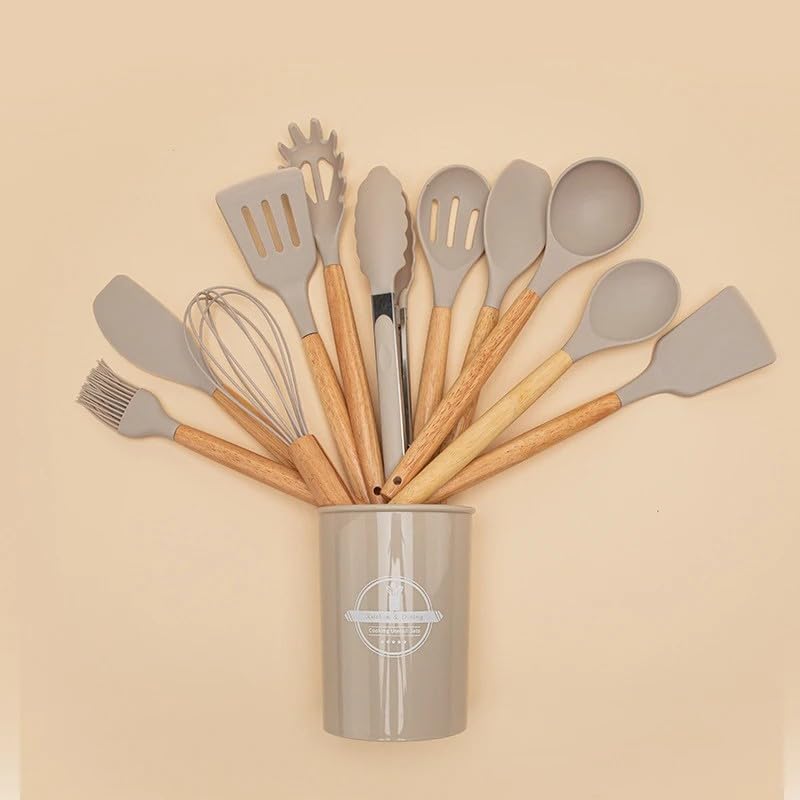 Silicone Cooking Utensils Kitchen Utensil Set - 446°F Heat Resistant Silicone Kitchen Utensils Set, Spatula,Turner Tongs, Spoon, Brush, Whisk,Kitchen Gadgets for Nonstick Cookware, BPA Free (Beige) - color: Beige