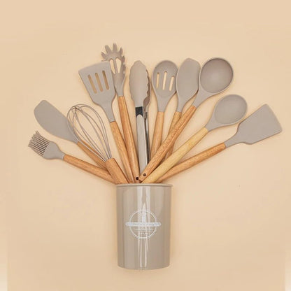 Silicone Cooking Utensils Kitchen Utensil Set - 446°F Heat Resistant Silicone Kitchen Utensils Set, Spatula,Turner Tongs, Spoon, Brush, Whisk,Kitchen Gadgets for Nonstick Cookware, BPA Free (Beige) - color: Beige