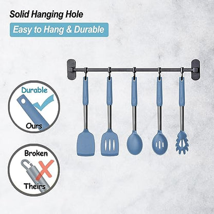 Silicone Spatula and Cooking Spoon,5 Pack Solid & Slotted Spoons and Spatulas High Heat resitant for Kitchen, Stainless Steel Handle Coated with Silicone, Non Stick Utensil, Starry blue - color: Starry blue