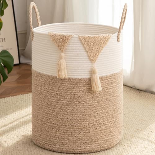 OIAHOMY Large Laundry Basket Hamper - 100L Cotton Rope Woven Basket for Blankets, Toys, Clothes - Tall Decorative Nursery Hamper with Long Handles, Brown/White - color: Brown/White, size: 100L