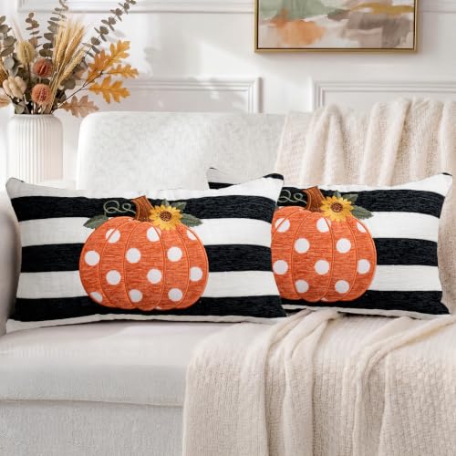 Embroidery Fall Pumpkin Pillow Covers Set of 2(Black & White,12x20) | Soft chenille, black-and-white stripe design, applique pumpkin and sunflower embroidery, hidden zipper, for sofa and bed - size: 20" x 12" (Pack of 2)