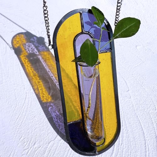 LITMIND Multi-Color Stained Glass Propagation Station - Handcrafted Translucent Suncatcher Planter with 2 Tubes, Hanging Hydroponic Decor for Windows & Garden, Indoor Outdoor Use, 7x2.5 Inches - color: Style C05 (Victory Violet)