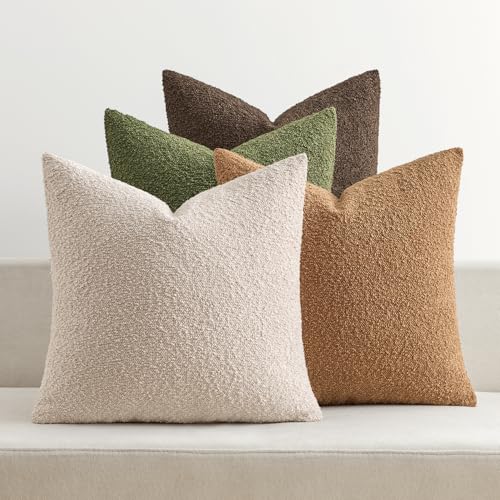 MIULEE Decorative Boucle Throw Pillow Covers 20x20 Green Brown Set of 4 | Textured Accent Pillow Cases Soft Couch Cushion Covers for Modern Farmhouse Boho Sofa Bed Livingroom Home Decor - color: Green Brown, size: 20" x 20" (Pack of 4)