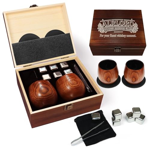 Wooden Whiskey Cup Gift Set with 6 Whiskey Stones | Includes 2 handcrafted wooden whiskey cups,6 stainless steel whiskey stones,gift box,coasters and tongs