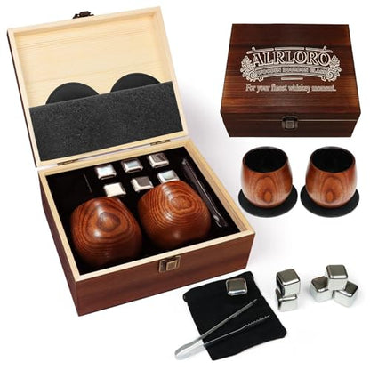 Wooden Whiskey Cup Gift Set with 6 Whiskey Stones | Includes 2 handcrafted wooden whiskey cups,6 stainless steel whiskey stones,gift box,coasters and tongs