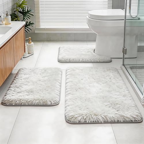 Shaggy Bathroom Rugs Set Plush Velvet Bath Rugs Non-Slip Bath Mat Set 3 Piece,Washable Mats,Absorbent Shaggy Rugs Super Soft U-Shaped Toilet Rug,Bahroom Carpets for Bathroom,Tub,Shower(White - color: White