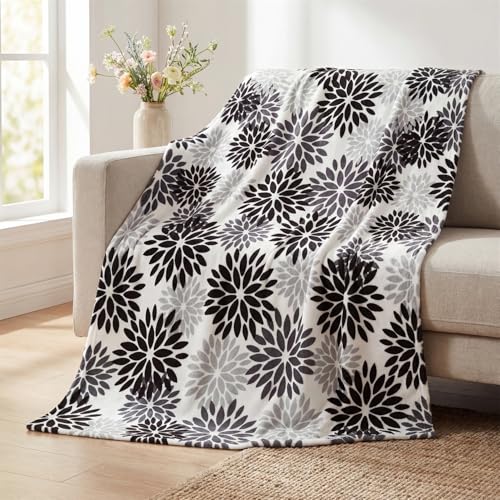 Horaldaily Dahlia Pinnata Floral Black Silver Flannel Throw Blanket 60x80 | All Season Using Ultra Soft Fuzzy Plush Cozy Non-shedding Blanket for Couch Sofa Bed Camping, Ideal Gift for Kids Adults - color: Black Grey Silver, size: Twin(60x80”)