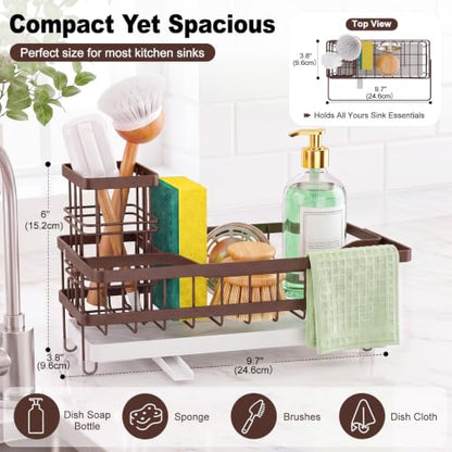 Sponge Holder for Kitchen Sink, Self-draining Sink Caddy with Towel Rack and Brush Holder, Metal Kitchen Countertop Organizers and Storage Essentials, Bronze - color: Bronze