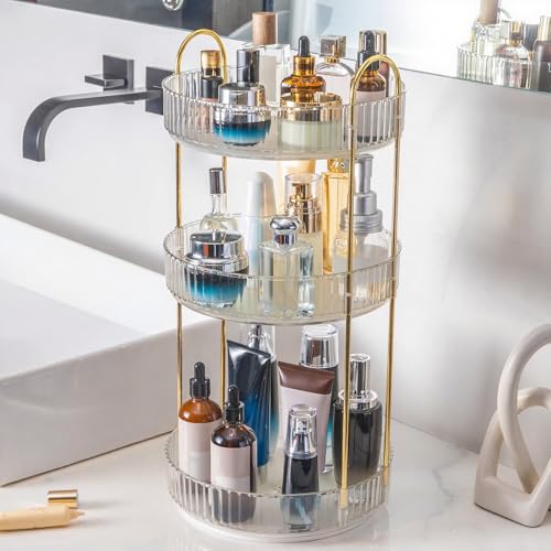 INVSSENE 360° Rotating Makeup Organizer, Bathroom Make Up Spinning Holder Rack, Large Capacity Cosmetics Storage Vanity Shelf Countertop, Fits Cosmetics, Perfume, Skincare, Lipsticks(3 Tiers, Clear) - color: Transparent, size: 3 Tiers