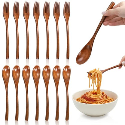 16 Pcs 9" Wooden Spoons Forks Set, Wood Dinner Utensil Set for Eating, Kitchen Reusable Flatware Tableware, Natural Cutlery Include 8 Spoons and 8 Forks, for Cooking Home Restaurant, Brown