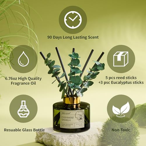 Reed Diffuser Set with 6.76 fl oz Cashmere Vanilla Scent Essential Oils and 3 Leaves & 8 Diffuser Sticks,Bathroom Shelf Decor & Air Freshener, House Bedroom Office Decor & Gifts - size: 6.76 Ounce/1 pack