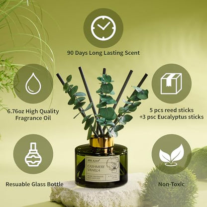 Reed Diffuser Set with 6.76 fl oz Cashmere Vanilla Scent Essential Oils and 3 Leaves & 8 Diffuser Sticks,Bathroom Shelf Decor & Air Freshener, House Bedroom Office Decor & Gifts - size: 6.76 Ounce/1 pack