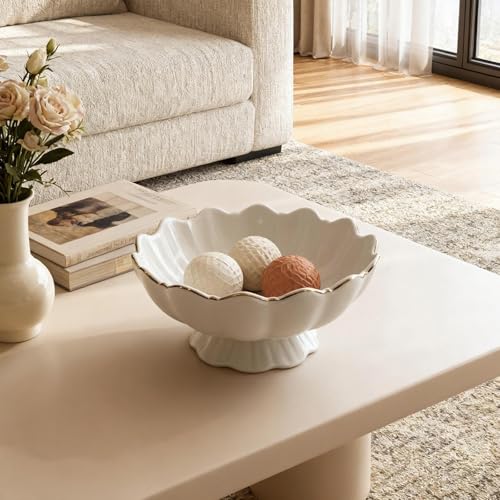 White Small Decorative Bowl 8 Inch Ceramic Key & Fruit Bowl Ruffle Lotus Shape with Gold Rim Candy Bowl, Multi-Use Centerpiece Pedestal Bowls for Kitchen Counter, Coffee Table, Entryway, Wedding