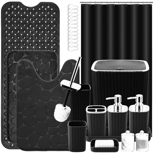 XLHOMO 26PC Bathroom Accessories Set - Gorgeous Black Bathroom Set, Bathroom Accessory Set, Black Shower Curtain Set with Bathtub Mats for Shower Tub - size: Bath Set+Bathtub Mat+Shower Curtain&Rugs, style: Black&Silver