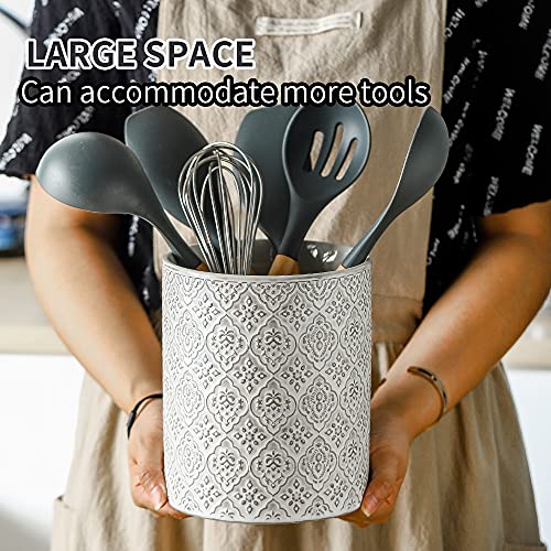 KOOV Kitchen Utensil Holder, Large Utensil Holders for Countertop, 6 x 7 Inches Ceramic Utensil Crock, Deep and Stable, Cooking Utensil Holder, Embossed Pattern, White - color: Reactive White
