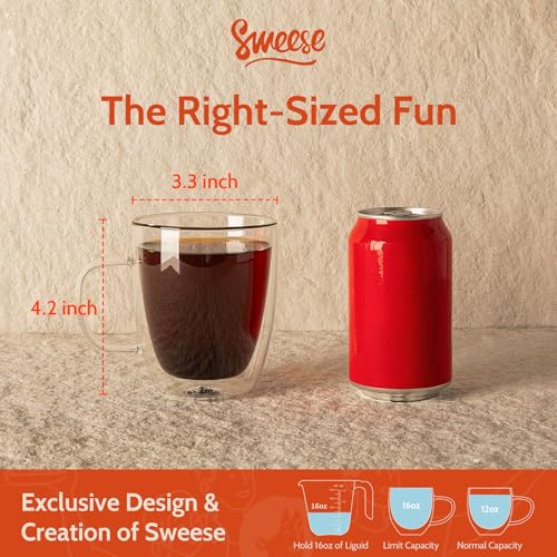 Sweese 12.5oz Borosilicate Glass Coffee Mugs Set of 4 - Double Walled, Clear Cups for Espresso, Latte, Tea - style: Set of 4