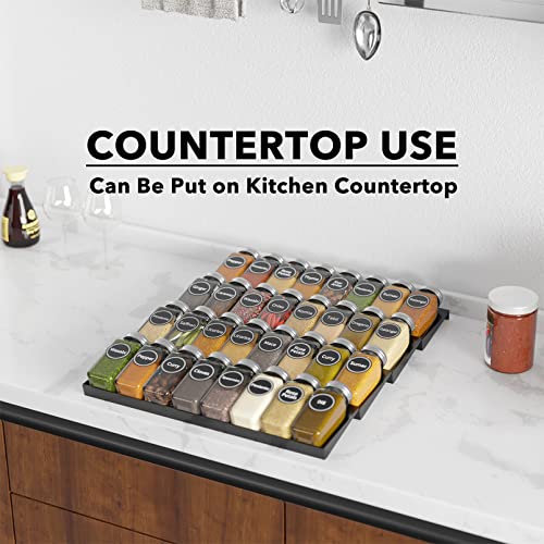 SpaceAid Spice Drawer Organizer with 32 Spice Jars, 386 Spice Labels, 4 Tier Seasoning Rack Tray Insert for Kitchen Drawers, 15" Wide x 17.5" Deep - size: 32 Jars, 15" Wide