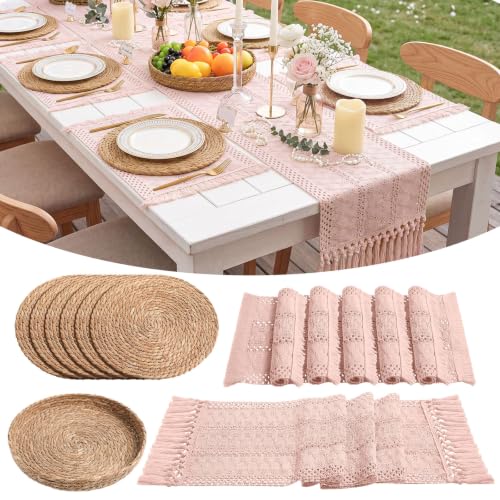 Boho Placemats 4/6/8 Set of Round Woven Placemat Macrame Style Bicolor Stitching Long Table Runner Farmhouse Rustic Natural Burlap Cotton for Kitchen Dining Table(6 Sets,Pink,12x72) - color: Pink, size: 12x72"