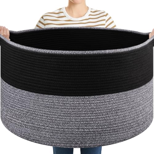 OIASKET Large Blanket Basket with Handles, 22.8" x 22.8" x 13" Woven Storage Basket for Living Room, Cotton Rope Baby Toy Storage for Clothes, Pillows, Towels-Black and Grey - color: Black & Grey, size: 90L